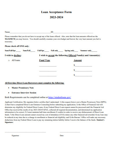 loan acceptance form template