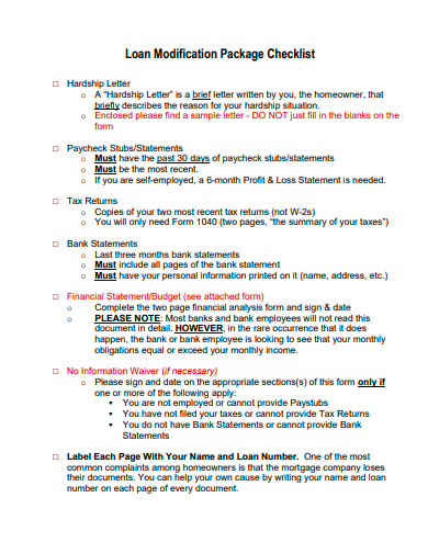 loan modification package checklist template