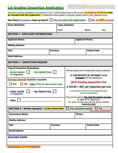 lot grading inspection application form template