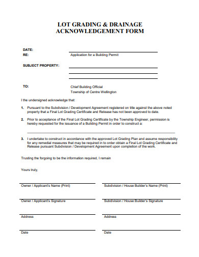 lot grading and drainage acknowledgement form template