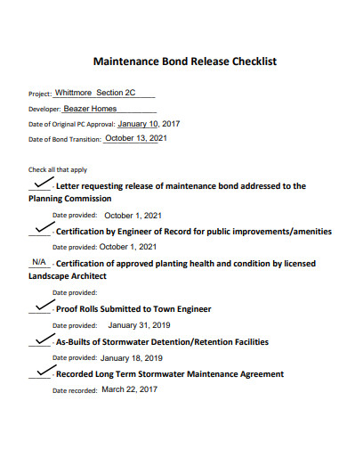 maintenance bond release checklist template