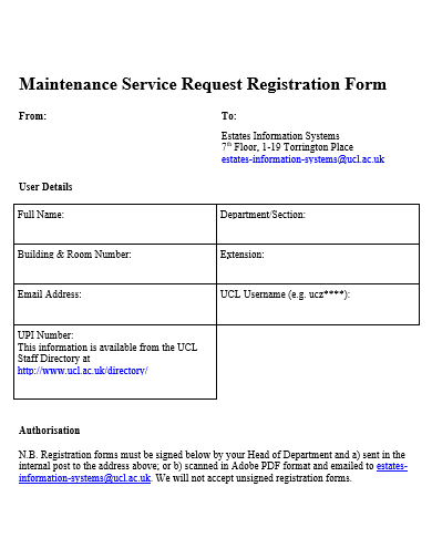 maintenance service request registration form template