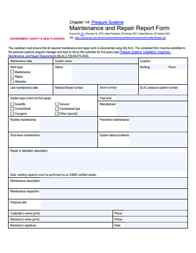 maintenance and repair report form template