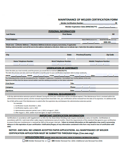 maintenance of welder certification form template