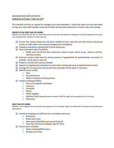 manager and new employee orientation checklist template