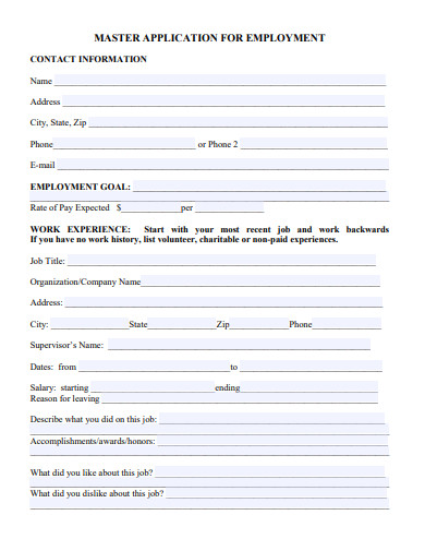 master application for employment template