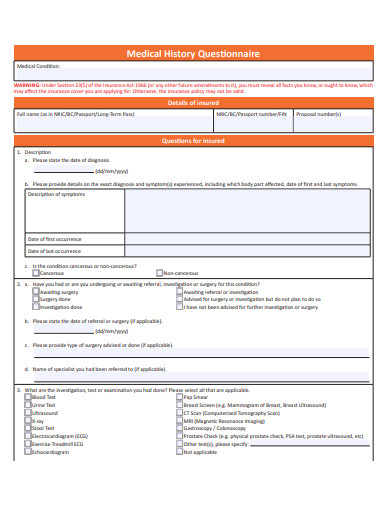 medical history questionnaire template