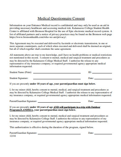 medical questionnaire consent template