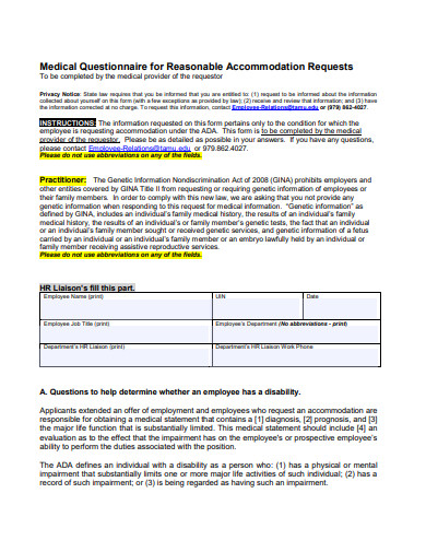 medical questionnaire for reasonable accommodation requests template