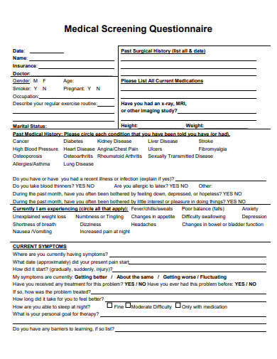 medical screening questionnaire template