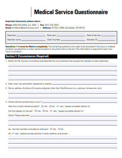 medical service questionnaire template