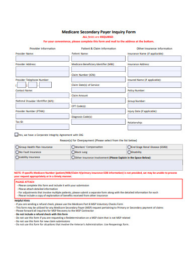 medicare secondary payer inquiry form template