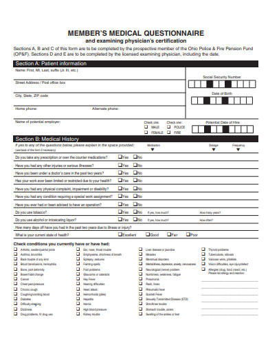 members medical questionnaire template