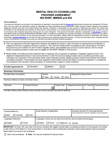 mental health counselling provider agreement template