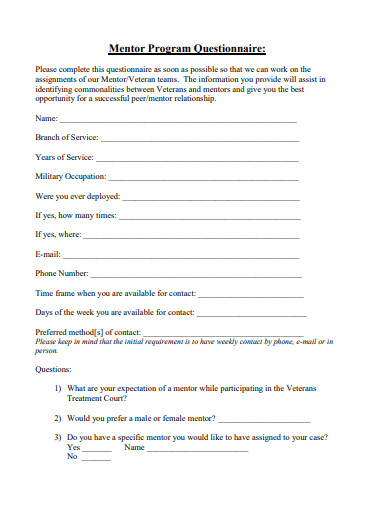 mentor program questionnaire template