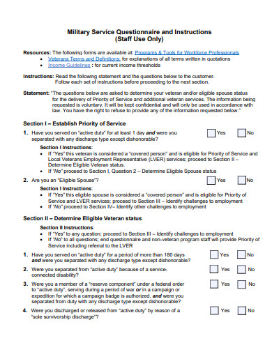 military service questionnaire template