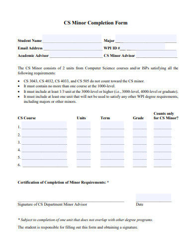 minor completion form template