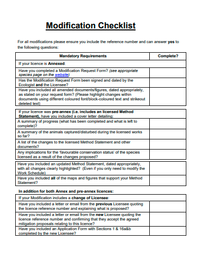 modification checklist example