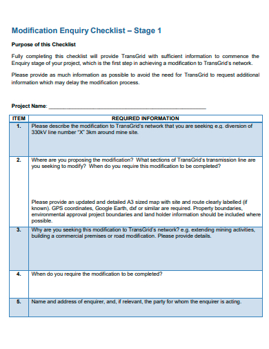 modification enquiry checklist template