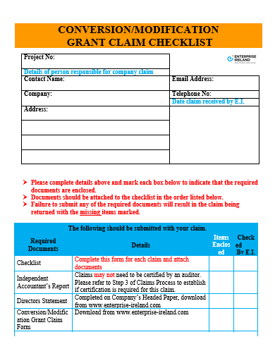 modification grant claim checklist template
