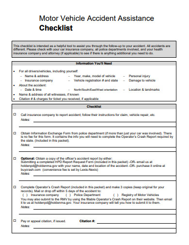 motor vehicle accident assistance checklist template
