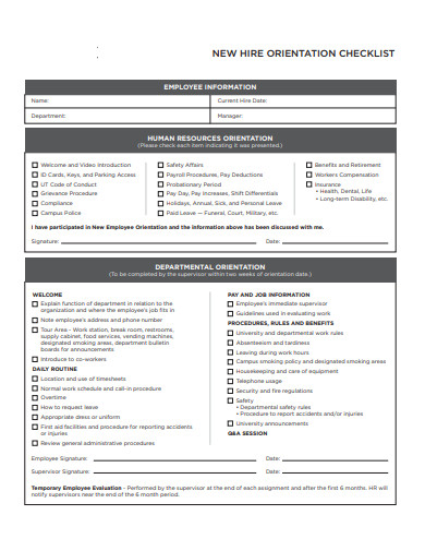 new hire orientation checklist template