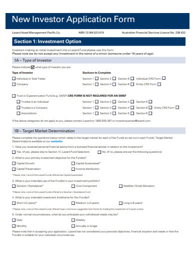 new investor application form template