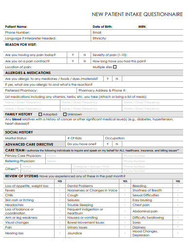new patient intake questionnaire template