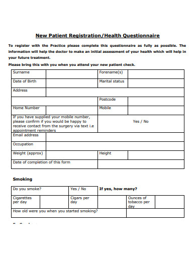 new patient registration health questionnaire template