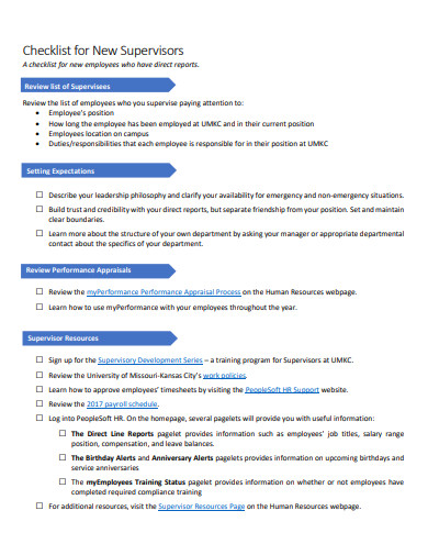 new supervisors checklist template