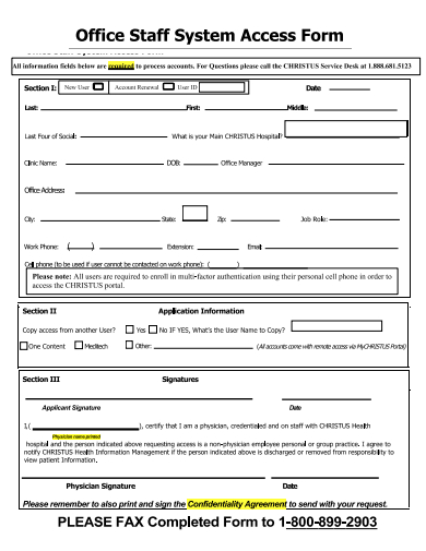 office staff system access form template