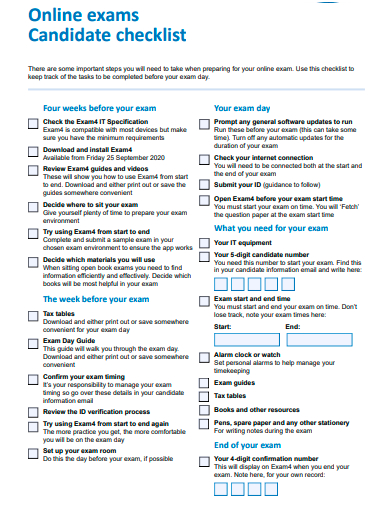 online exam candidate checklist template
