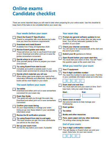 online exams candidate checklist template