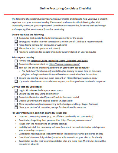 online proctoring candidate checklist template