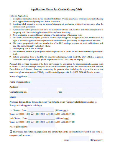 onsite group visit application form template