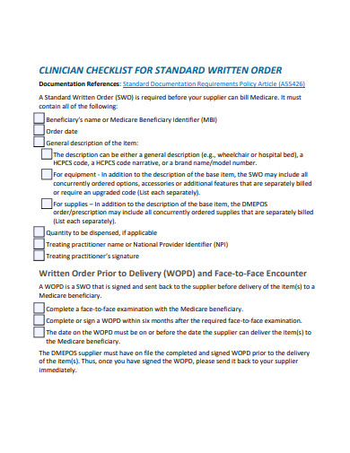order clinician checklist template