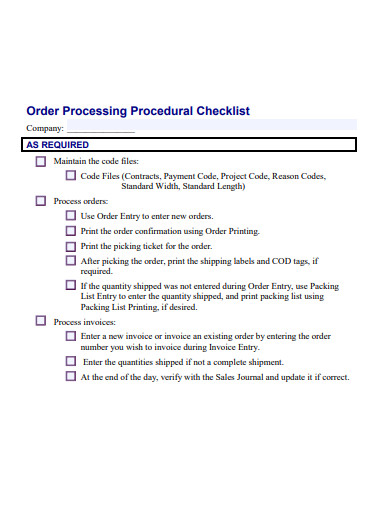 order processing procedural checklist template
