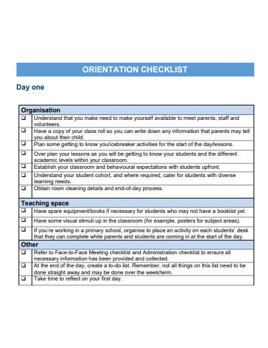 orientation checklist example