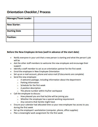 orientation process checklist template