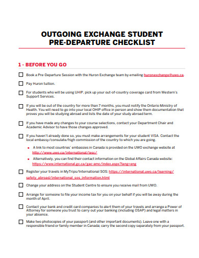 outgoing exchange student pre departure checklist template