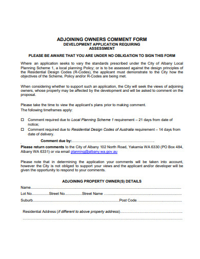 owners comment form template
