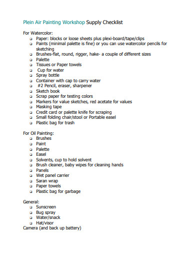 painting workshop supply checklist template