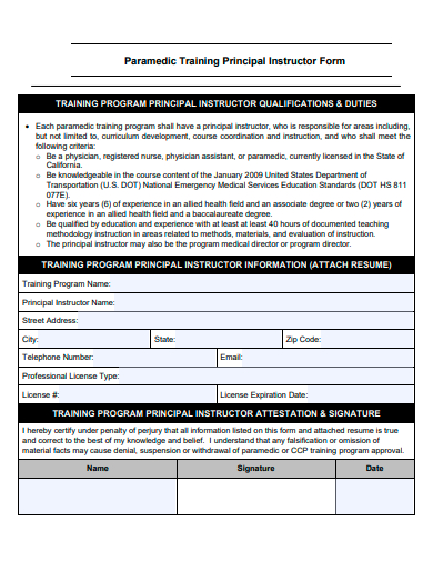 paramedic training principal instructor form template