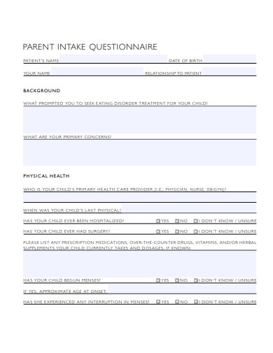 parent intake questionnaire template
