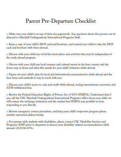 parent pre departure checklist template