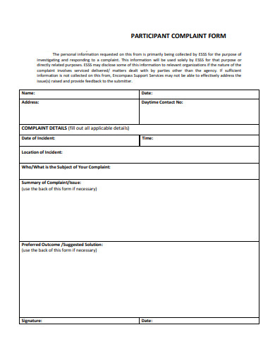 participant complaint form template