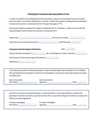 participant incentive documentation form template