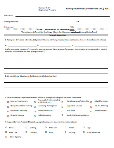 participant service questionnaire template