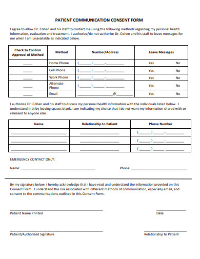 patient communication consent form template