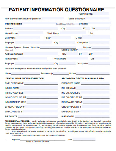 patient information questionnaire template